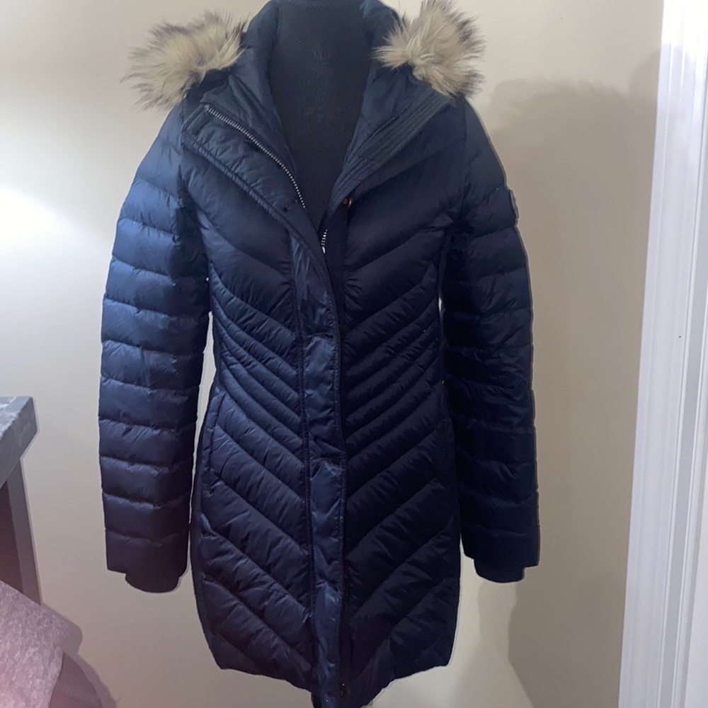 Abercrombie & Fitch Navy Puffer Coat with Faux Fur Hood